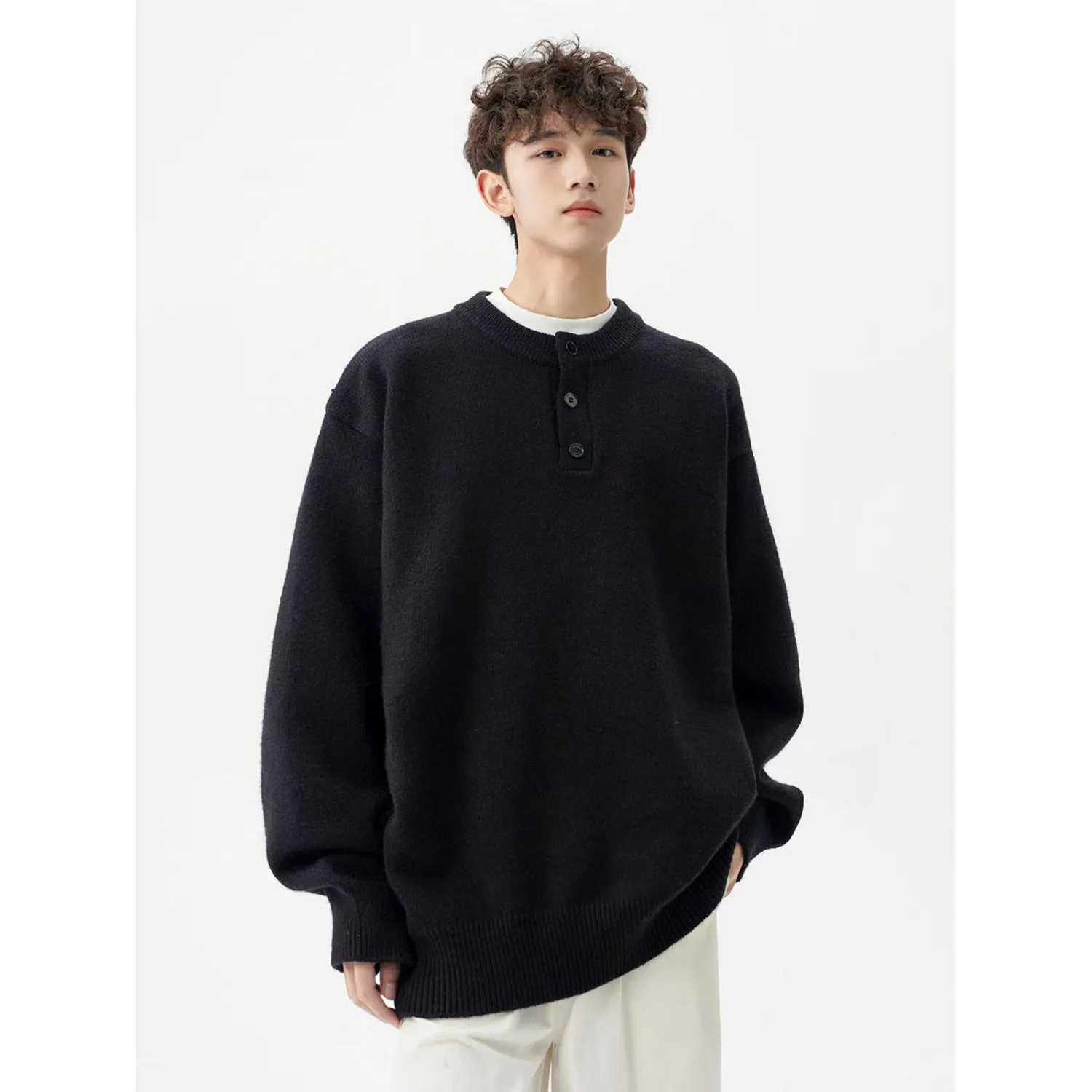 

Свитер с воротником Генри в американском стиле ретро, свободный повседневный вязаный свитер irt Lazy, универсальное верхнее пальто для мужчин и женщин на осень