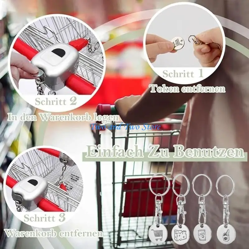 HX6F 4 Pack Supermarket Trolley Tokens Keychain Unique Shopping Cart Coin Keyrings