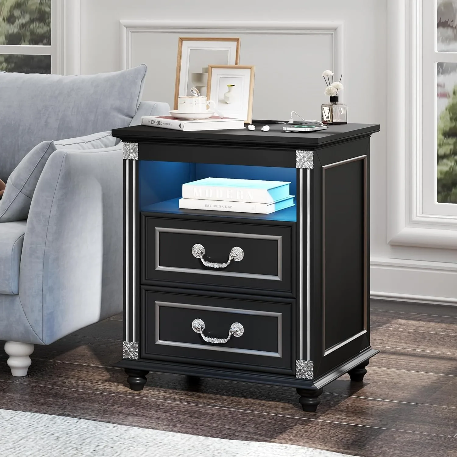 

Night Stand with Charging Station, Nightstands with 3 Color LED Lights, Side Table with 2 Drawers Storage, Bedside End Table