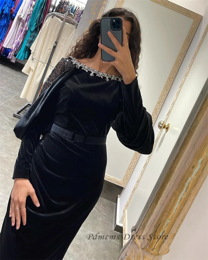 SSYTENS Black Simple Mermaid Evening Dresses Beads Velvet Ankle Length Saudi Arabic Party Gowns Long Sleeves Dubai Event Dress