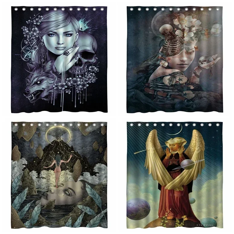 Surreal Art Fairy Angel Mysticism Universe Viking Skull And Girl Vintage Rose Shower Curtain By Ho Me Lili With Hooks