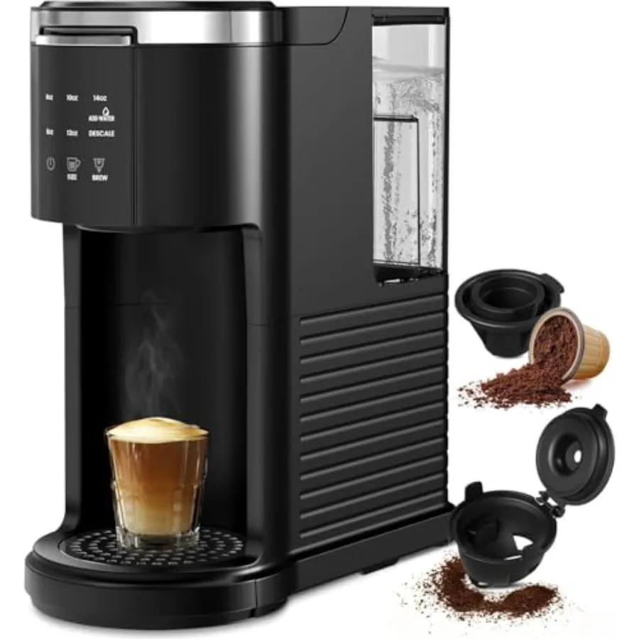 

Single Serve Coffee Maker for home office use, ABS plastic body, black color, 2-in-1 K-Cup and ground coffee compatibility with