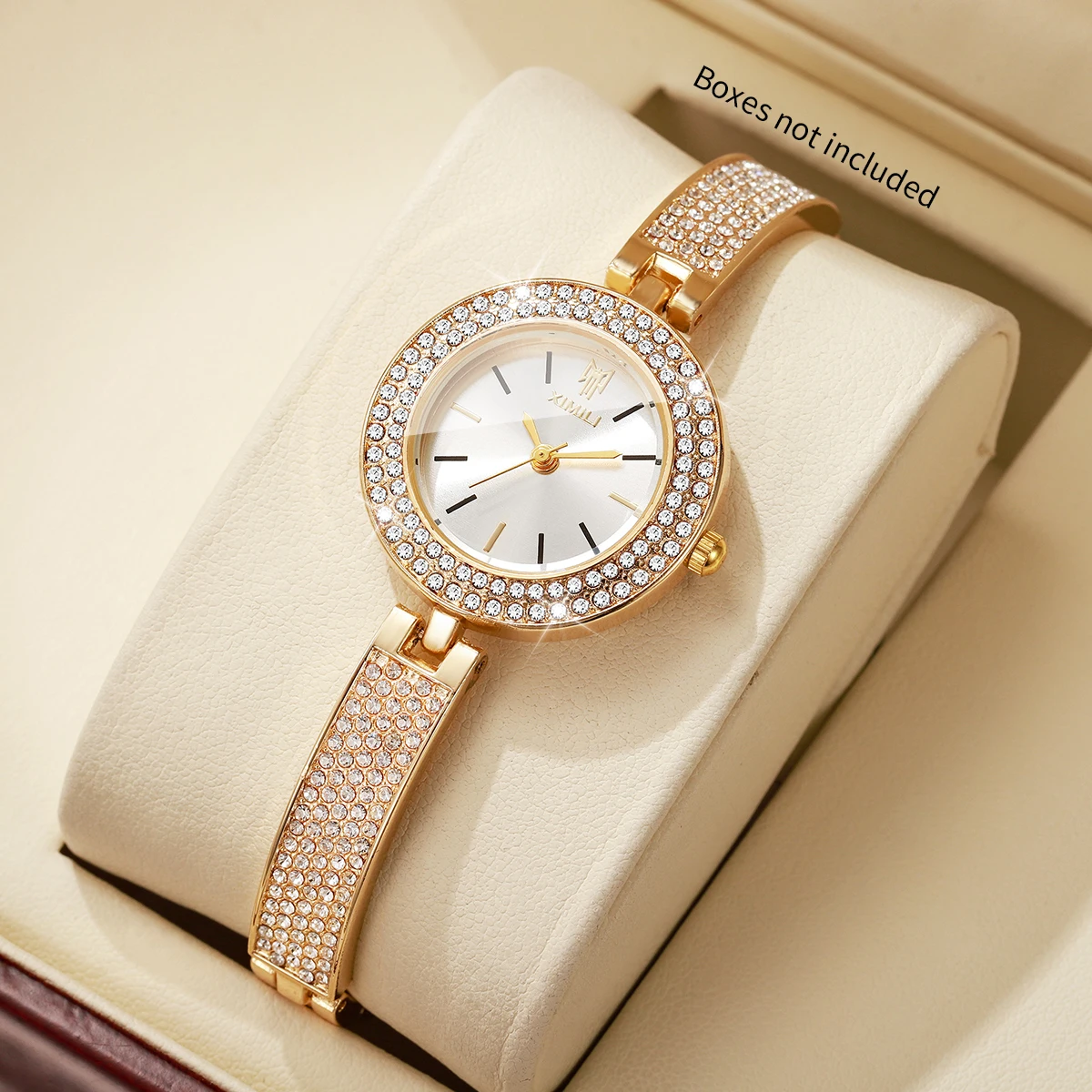Elegant Round Dial Women Quartz Watch Full Diamond Bezel Bracelet Bangle Wristwatches Girls Clock Relogio Feminino (Without Box)