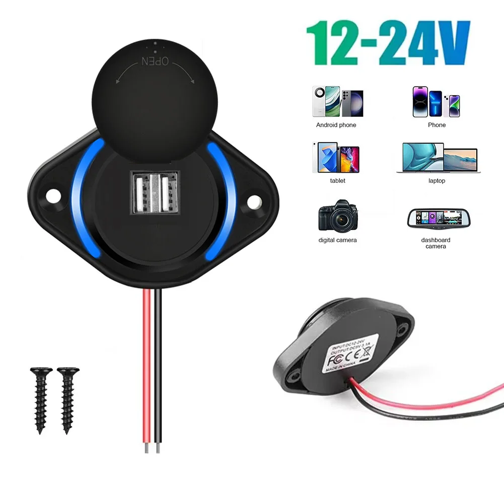 3.1A Dual USB Phone Charger Panel USB Power Socket with LED Light For 12V-24V Car Boat Bus  Camper Caravans Waterproof