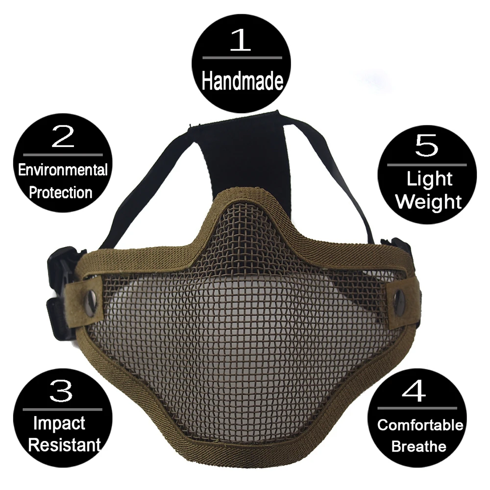 Máscara táctica de media cara con doble cinturón para caza, máscara protectora transpirable de malla de acero y Metal para máscara de Paintball