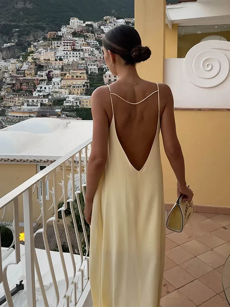 

Sexy Backless Women Sling Dress Elegant O-neck Sleeveless Sleeveless Loose Maxi Dresses 2025 Summer Holiday Evening Party Gown