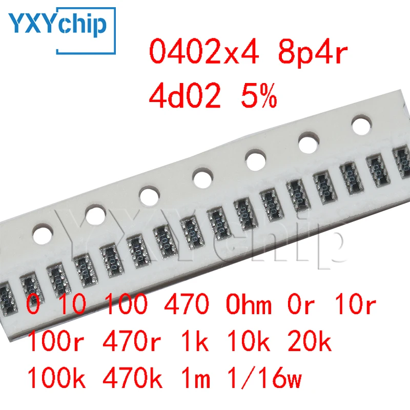 100pcs 0402x4 8p4r 4d02 5% 0804 Chip Resistor Networks Arrays 0 10 100 470 Ohm 0r 10r 100r 470r 1k 10k 20k 100k 470k 1m 1/16w