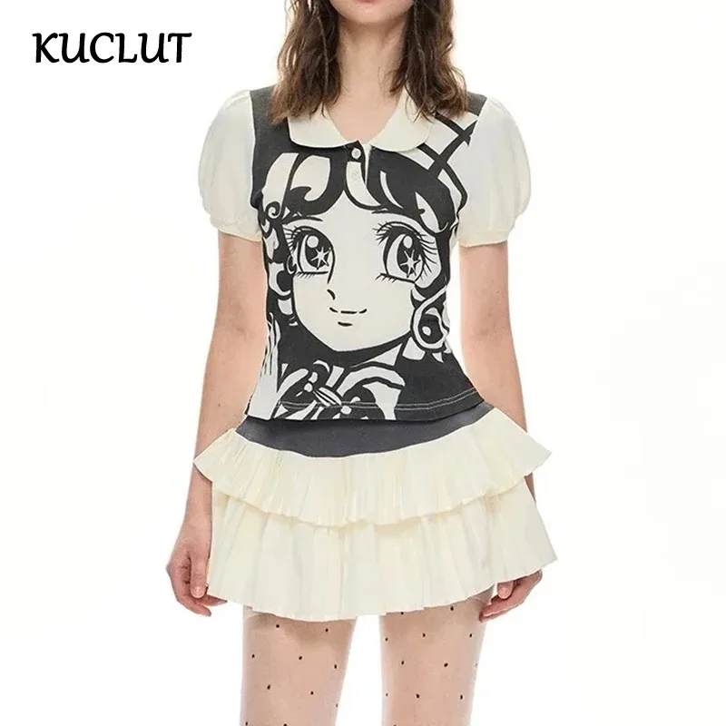 

KUCLUT Fashion Printed Design Short Sleeve T-shirt For Women Spliced Contrast Color Elastic Waist Pleated Skirts Y2K 1A109