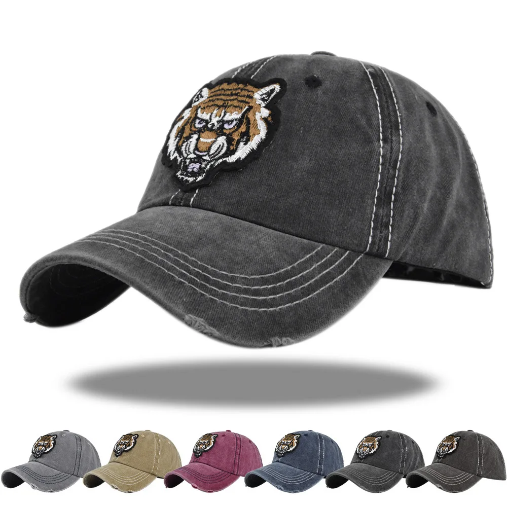 Spring Washed Baseball Cap Men Tiger Head Embroidered Three-dimensional Embroidery Hat Streetwear Band Sun Hat Hip-hop Hat Male