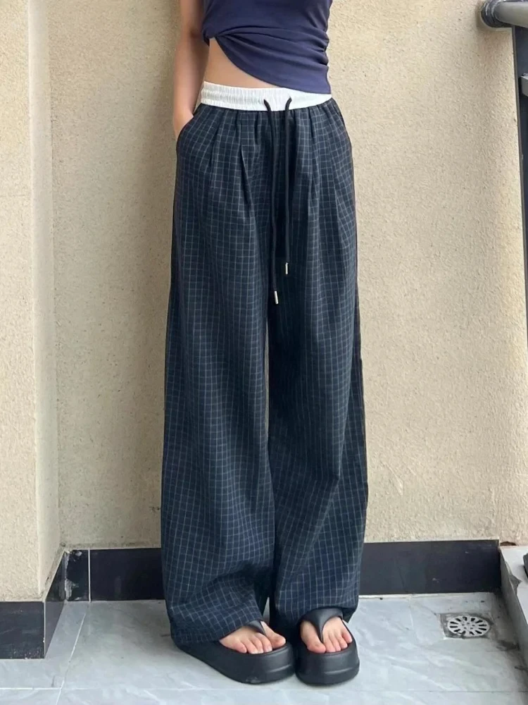 เครื่องแต่งกายแนวสตรีทกางเกงขาทรงกระบอกลายสก็อตใส่ได้ทุกวันใส่สบายเย็บปะติดแบบอเมริกันฤดูร้อน