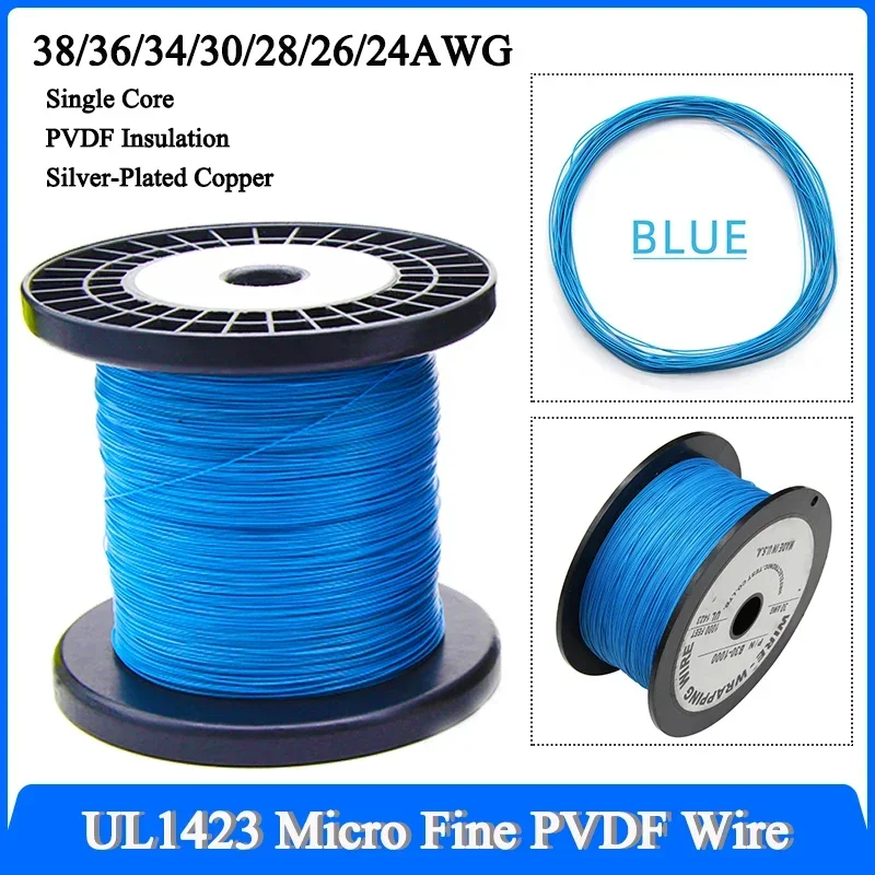 5~500M Blue UL1423 Micro Fine PTFE Wire 38/36/34/30/28/26/24AWG High Temperature Silver Plated Copper Single Core Cable