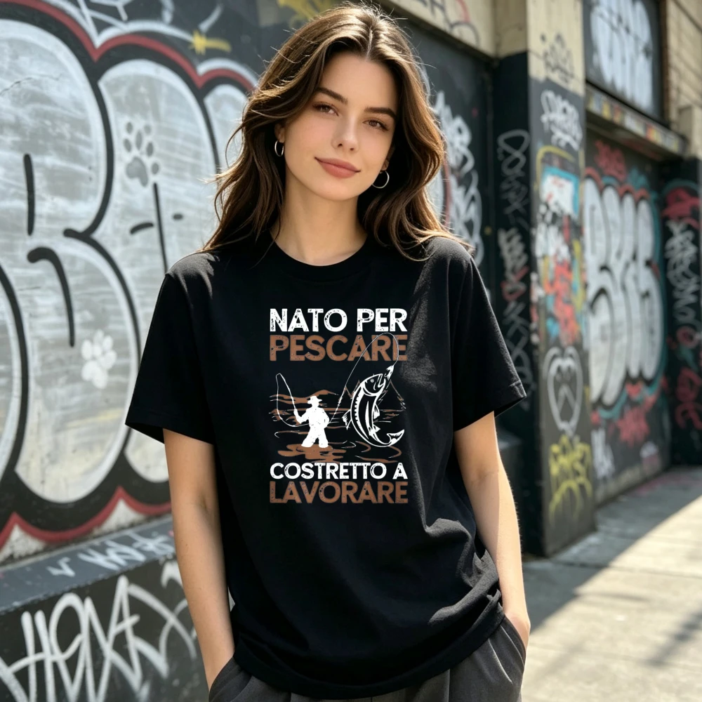 Men Crew Neck Short Sleeve T Shirt Vintage Fisherman Fish Graphic Italian Slogan Print Casual Summer Tops Angler Loose Fit Daily