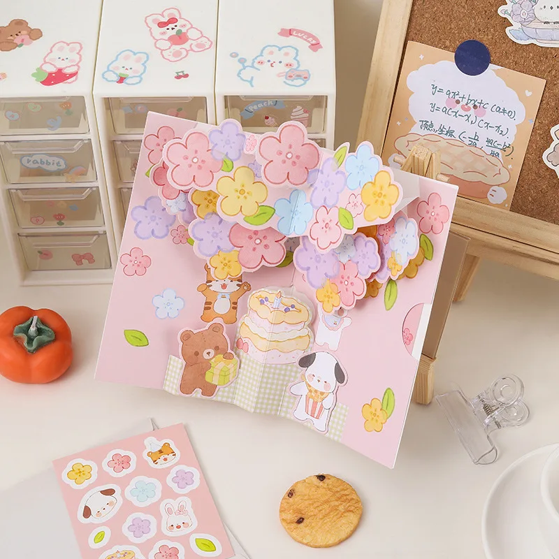 

Birthday Greeting Card Cute Bear Bunny Stickers Birthday Cake Card Cartoon Creative Memorial 3D Greeting Card Birthday Gift