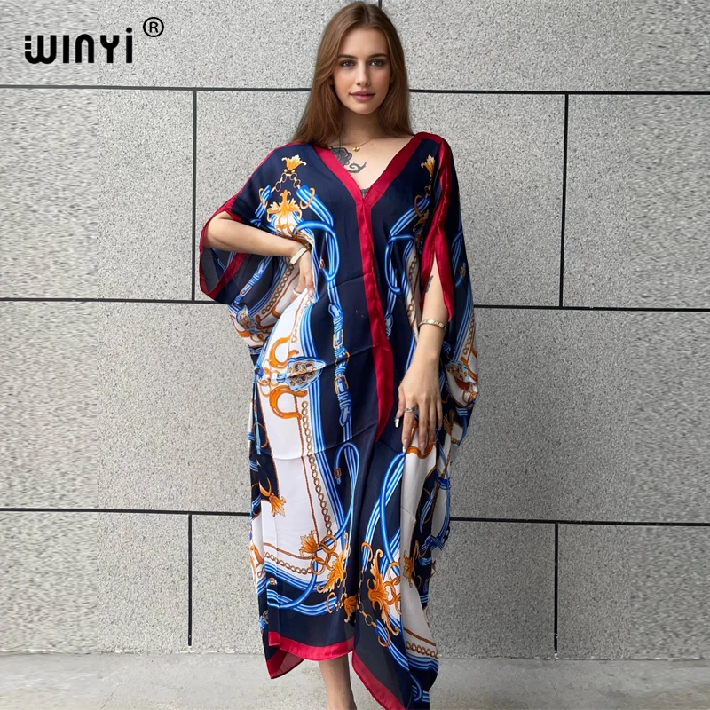 WINYI Summer african V-neck dress Printed beach wear women 2024 Loose Femme Robe Muslim beach cover ups silk feel evening dress