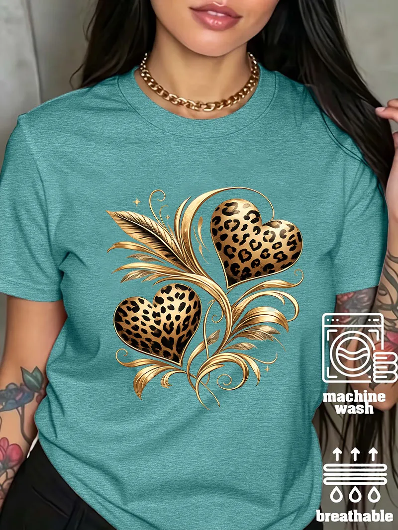 Elegant Fashion Women's Leopard Print Hearts Golden Feather Retro Graphic T Shirt Heart Art Print Short Sleeve Crewneck Clothes
