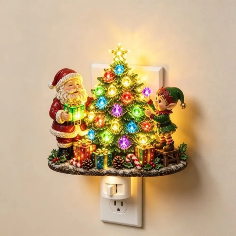 Resin Material Christmas Night Light Decorative Figurine Wall-mounted Style Wall Night Light Plug-in Design Christmas Tree Shape
