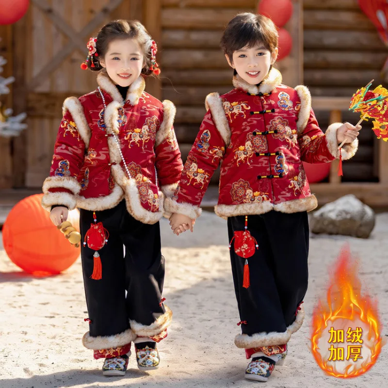 Girl Boy Winter New Thick Hanfu Fairy Princess Kids Dress Performance Embroidery Greeting Vestido Chinese New Year Clothing