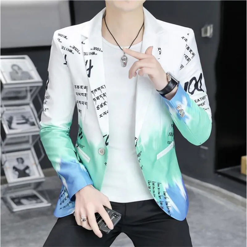 Gradient Color Blazer 2022 Spring New Fashion Alphabet Print Suit Jacket Men Business Slim Fit Formal Social Party Tuxedo Blazer