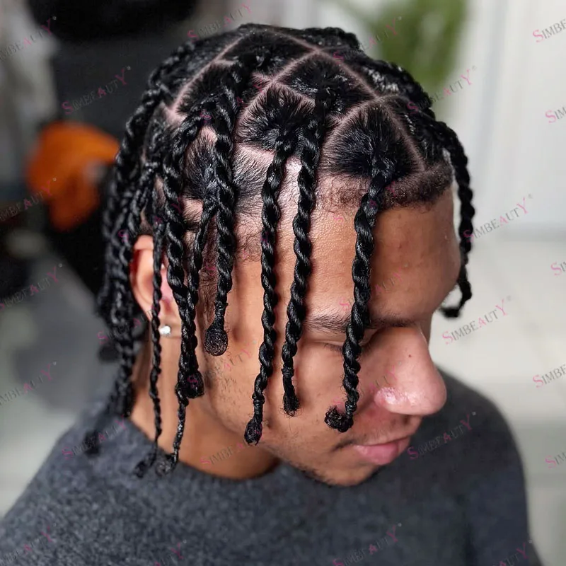 Up To 10Braids Afro Black Man's Remy Human Hair Wigs Replacement Natural Frontline Super Durable Braid Men's Hair Prosthesis