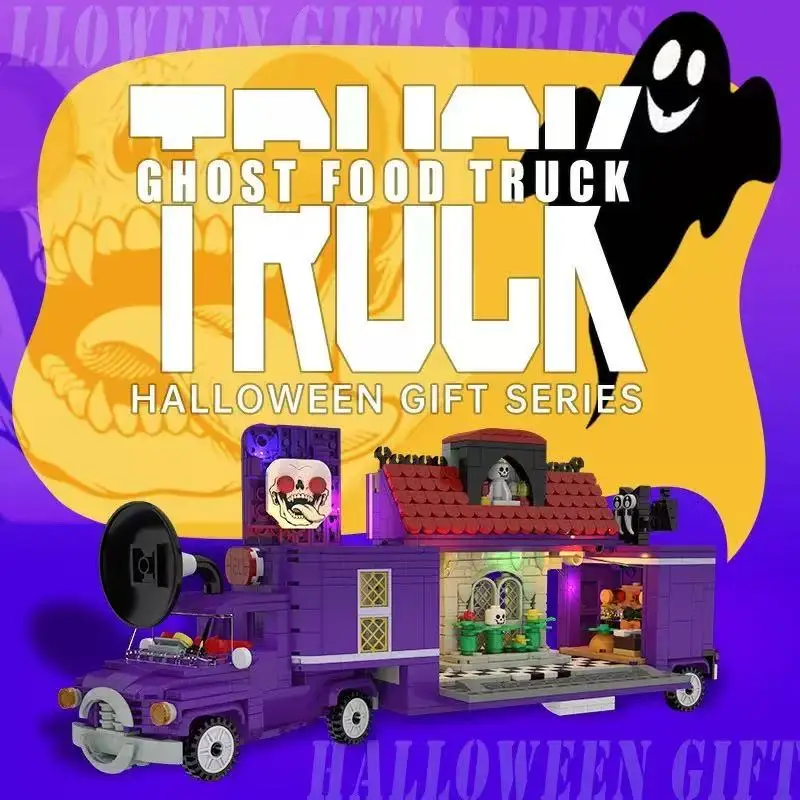 

Halloween DIY toy ghost food truck model assembly, scary fantasy night building blocks ornaments, children's Halloween gift