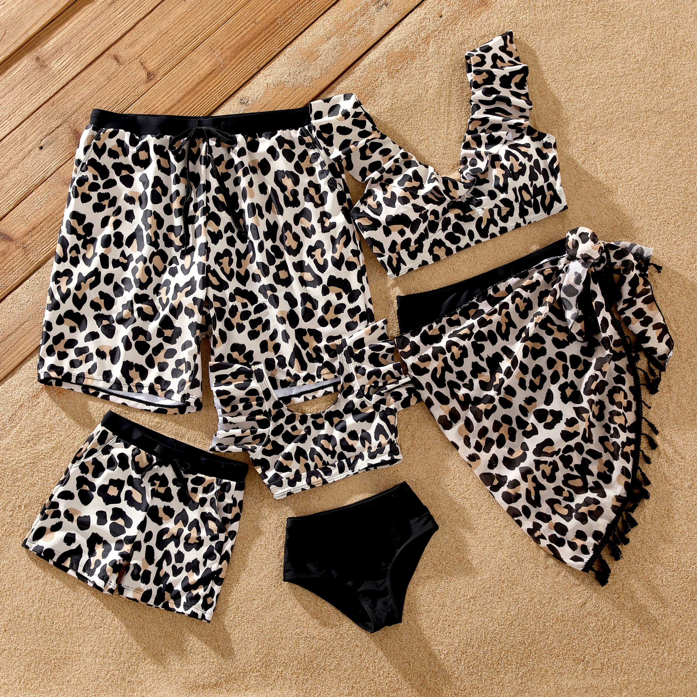 Family Matching Leopard Pattern Drawstring Swim Trunks or Ruffle Neck Two-Piece Bikini with Optional Cover Up Sarong Skirt