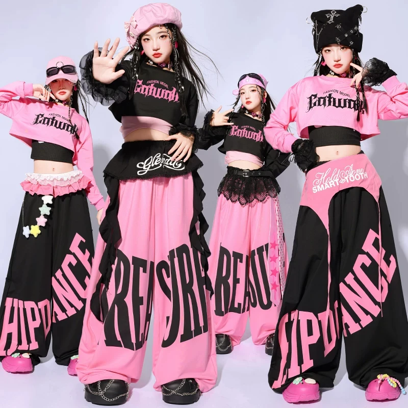 Pink Black Jazz Dance Outfit Girls Kpop Show Performance Clothing Crop Top Hip Hop Pants Children Street Dance Costume AMY4333