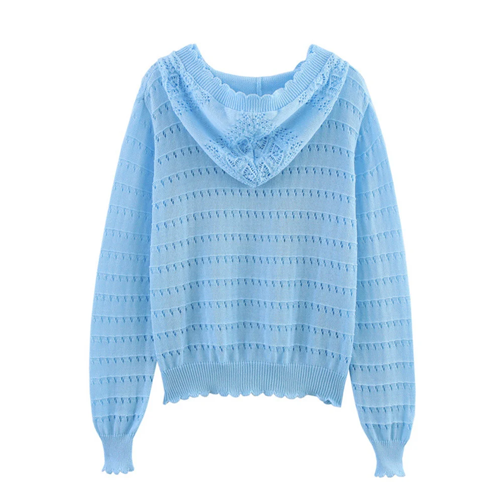 Female Solid Color Knitted Hoodie Sweatshirt With Drawstring Women's Hollow Out Design Versatile Simple Style For Spring Summer