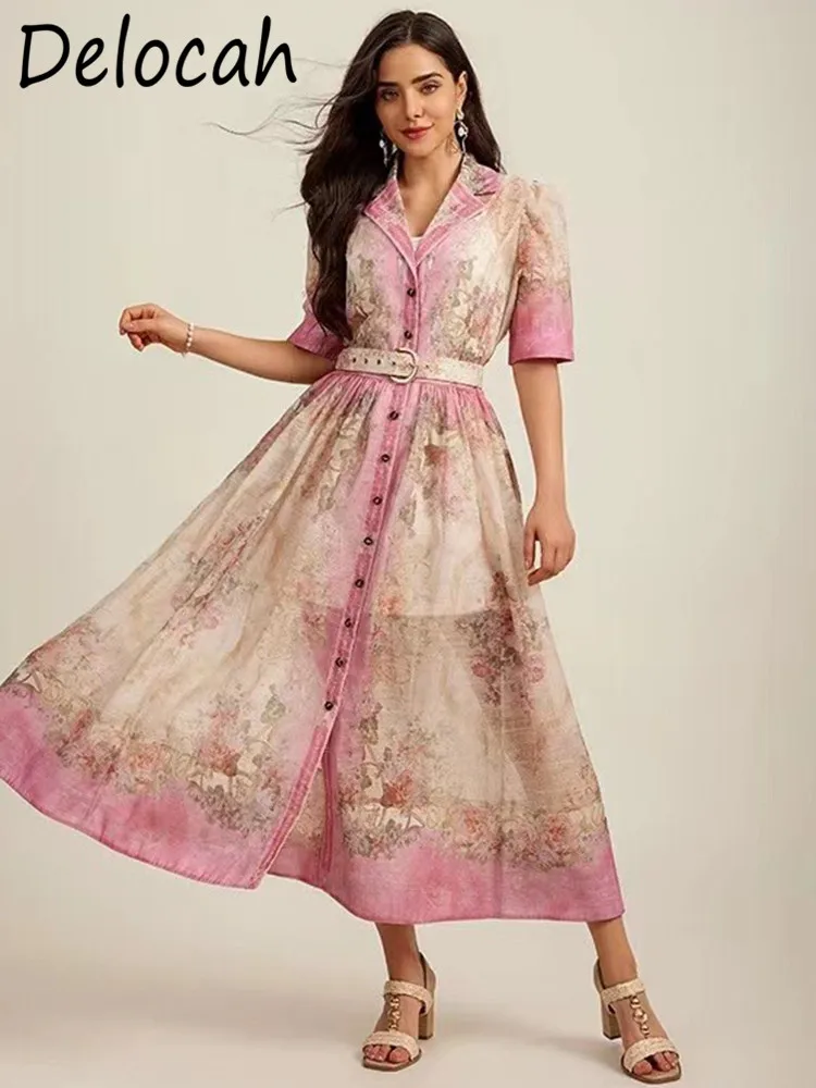 

Delocah New Designer Green/Pink High Quality Short Sleeve Vintage Rose Print Elegant Office Lady Belted Retro Long Dress