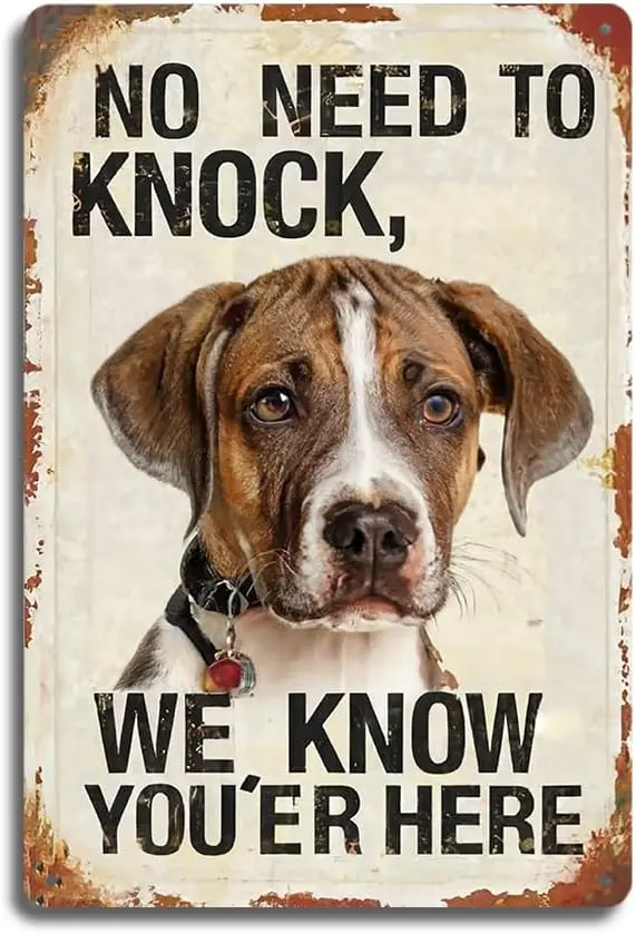 Rustic Dog-Themed Metal Tin Sign 12x8 inches - 'No Need to Knock, We Know You're Here' - Humorous Welcome Sign for D