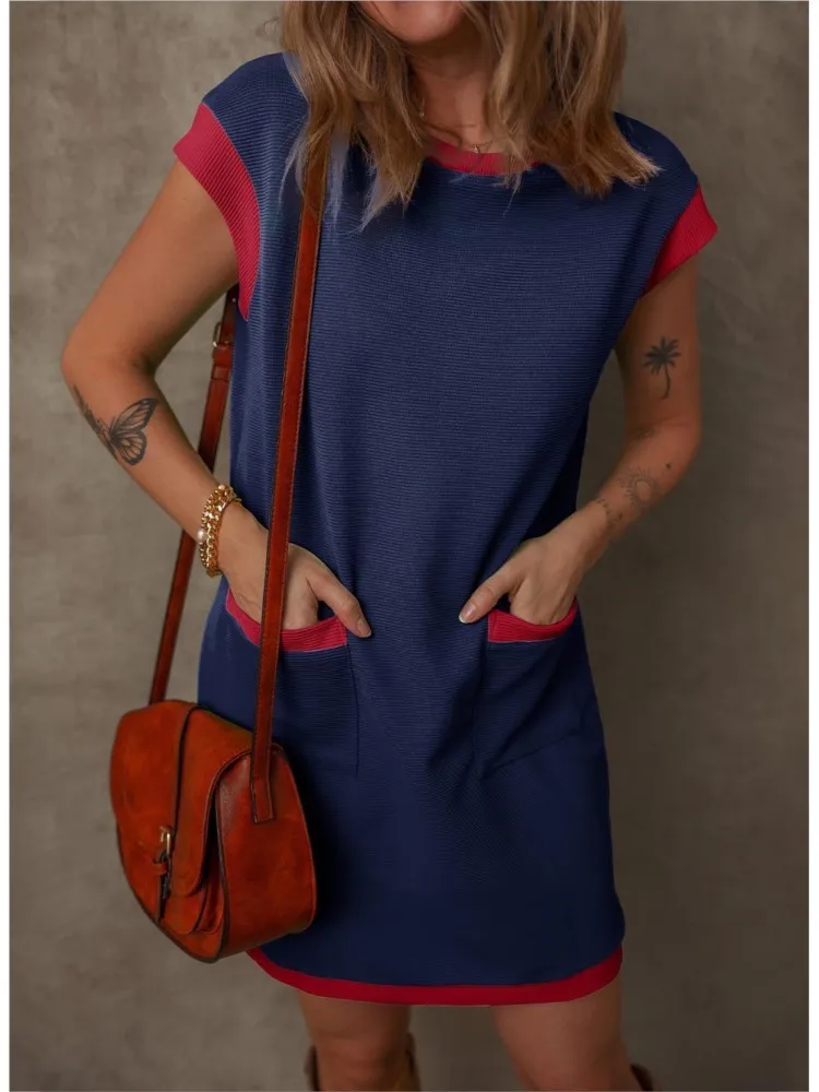 Summer Loose Dresses Women's Casual Pocket Blocked Straight Tube T-shirt O-Neck Short Sleeve Mini Dresses For Women Streetwear