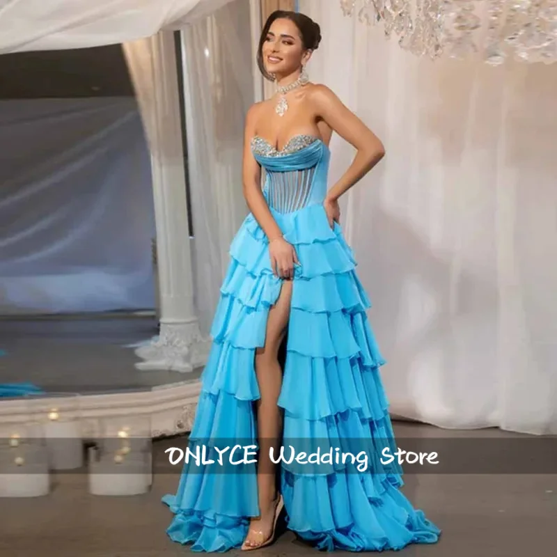 

Высококачественные женские вечерние бальные платья, шифоновые платья трапециевидной формы для встречи выпускников, небесно-голубые милые многоуровневые платья для выпускного вечера с разрезом и кристаллами