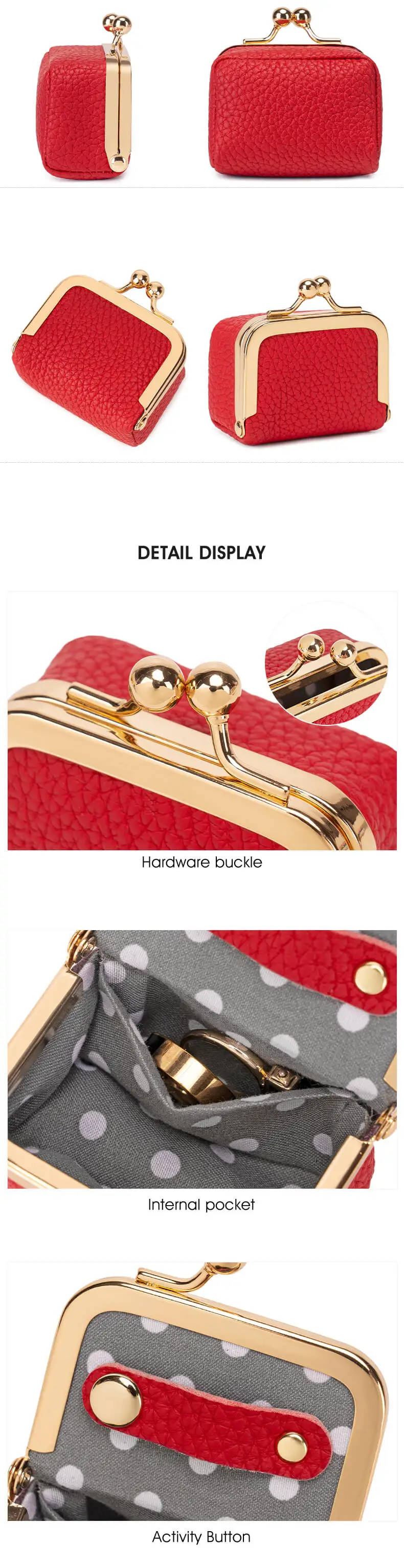 Neue Damen-Schmuckbox aus Kunstleder in Uni-Farbe, Aufbewahrungsbox für Ringe, Halsketten, Ohrringe, Mini-Münzbörse mit Kussverschluss – Detail 8