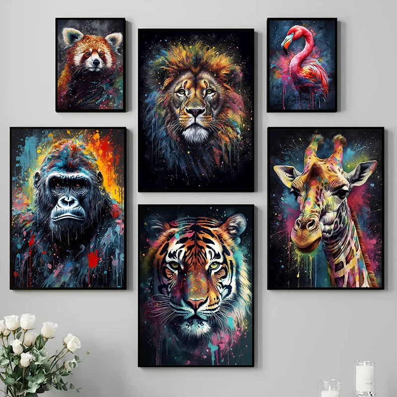 Lion Tiger Animal Portrait Poster Print Monkey Giraffe Canvas Painting Abstract Graffiti Wall Art Picture Living Room Home Decor