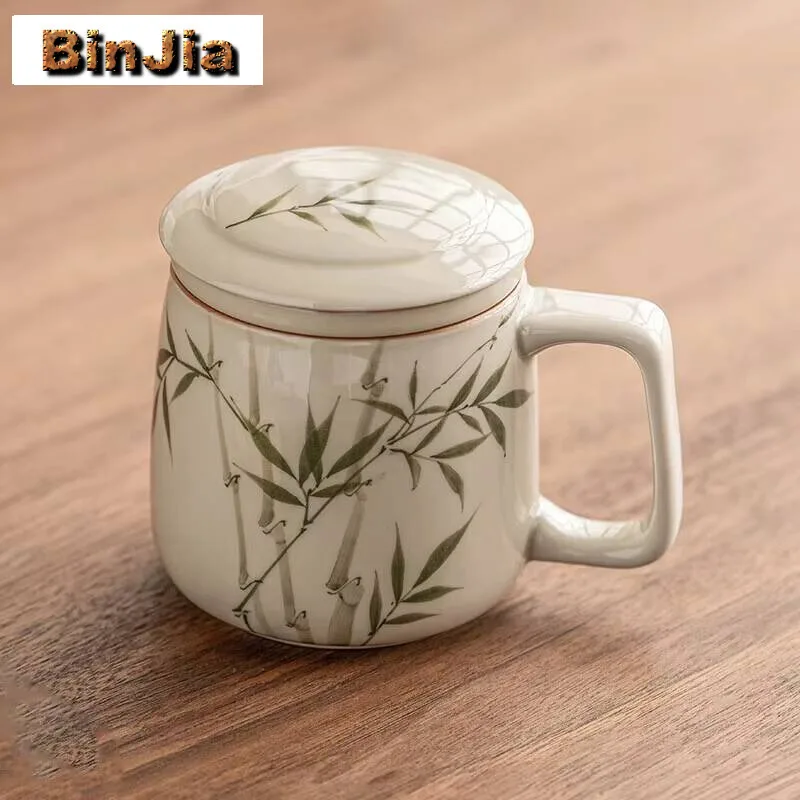 

250Ml Hand-Painted Emerald Bamboo Mug Household Filter Vintage Coffee Cup With Cover Tea Brewing Tableware Collection