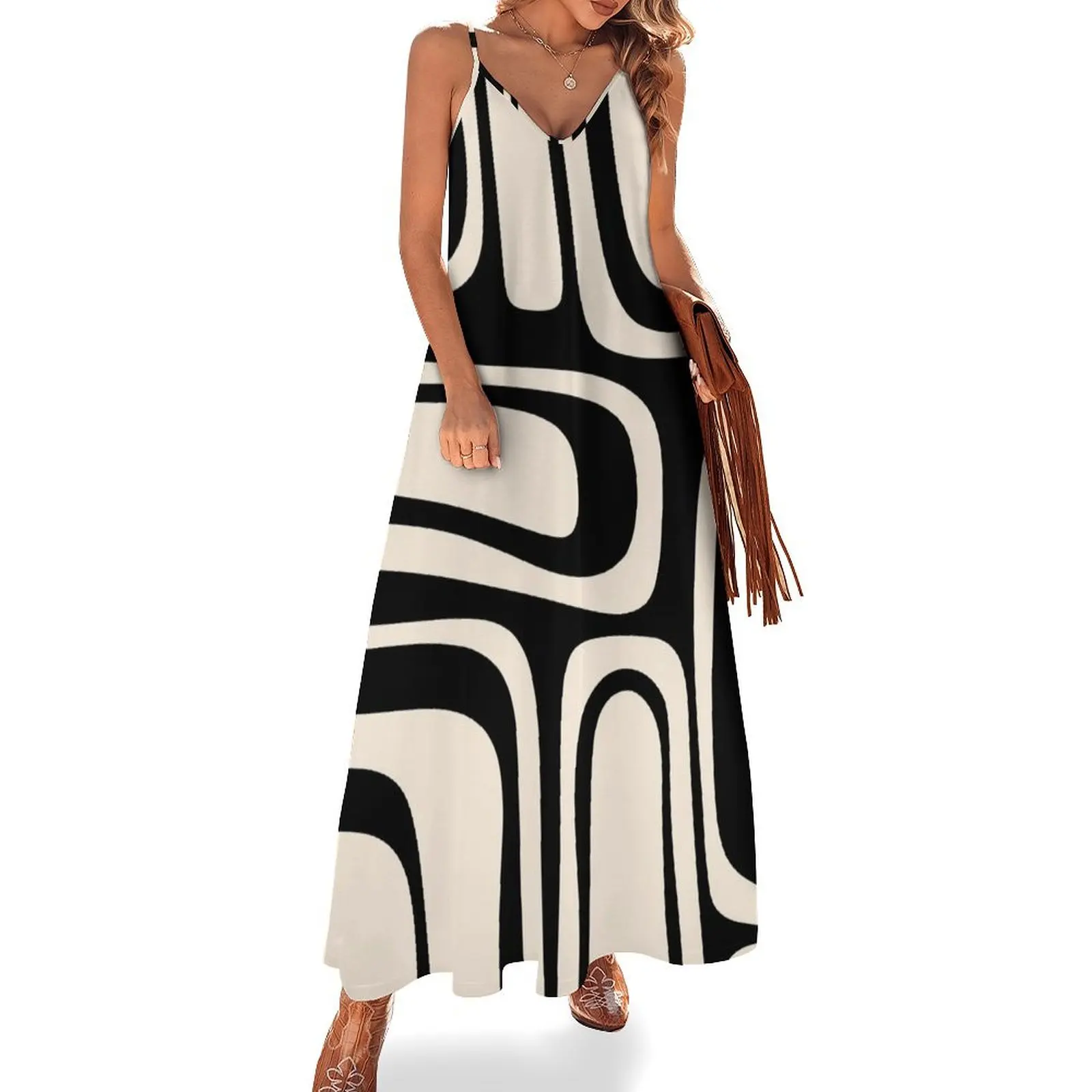 

Palm Springs Retro Midcentury Modern Abstract Pattern Black and Almond Cream Sleeveless Dress dress for women