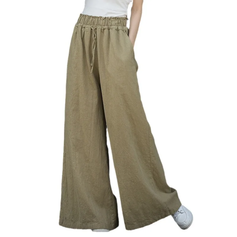 Winter New Original Latte Pattern Elastic Waist Ramie Wide-Leg Pants, Flowy & Flattering.