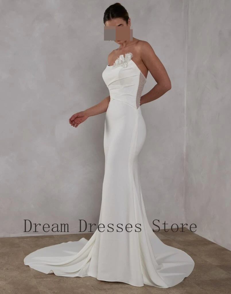 Customized Modern Style Charmeuse Handmade Flower Lace Draped Trumpet Strapless Long Dresses Bespoke Occasion Dresses Exquisite