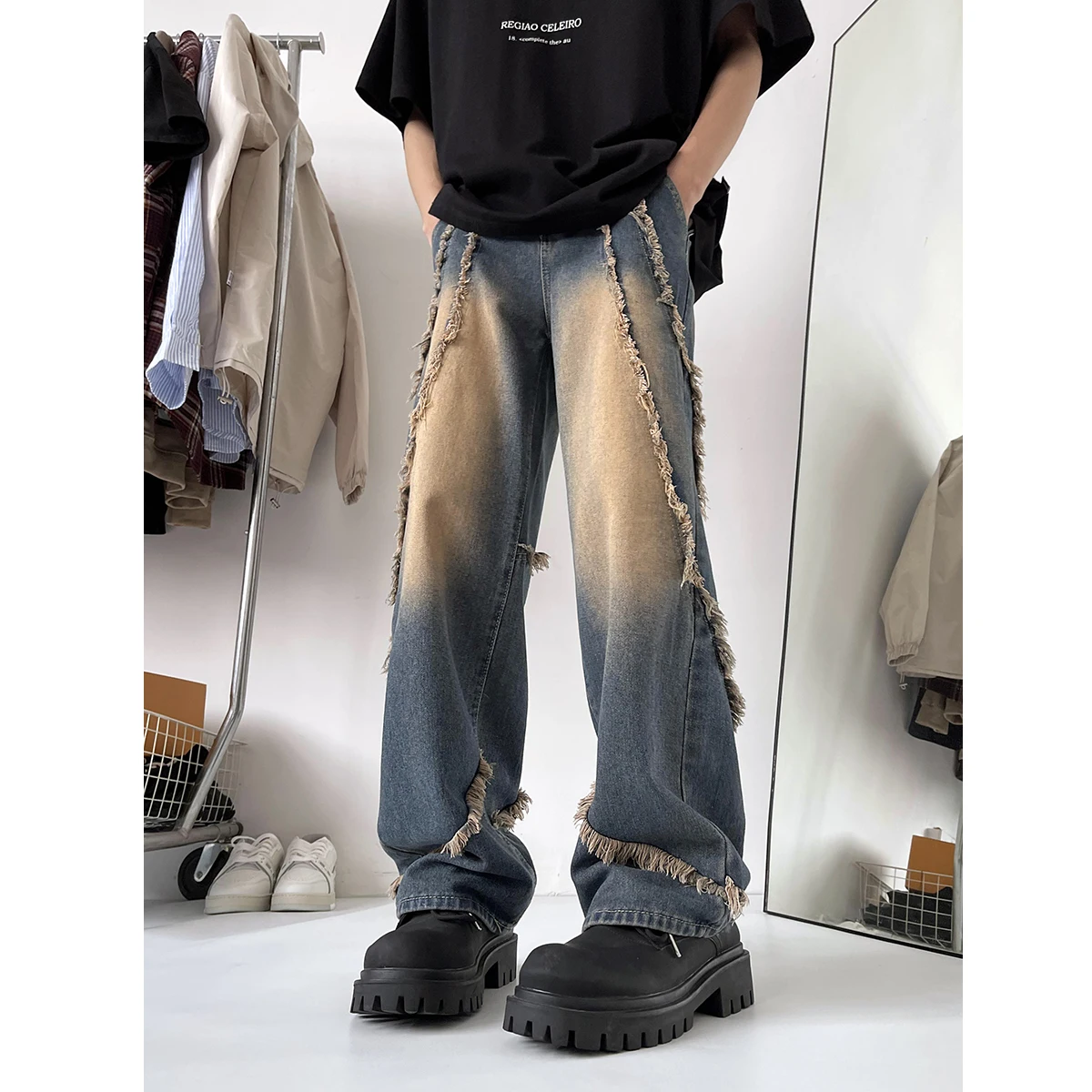 Jeans americano retrô rasgado masculino, calça larga larga larga larga, perna reta, primavera e verão, 2022