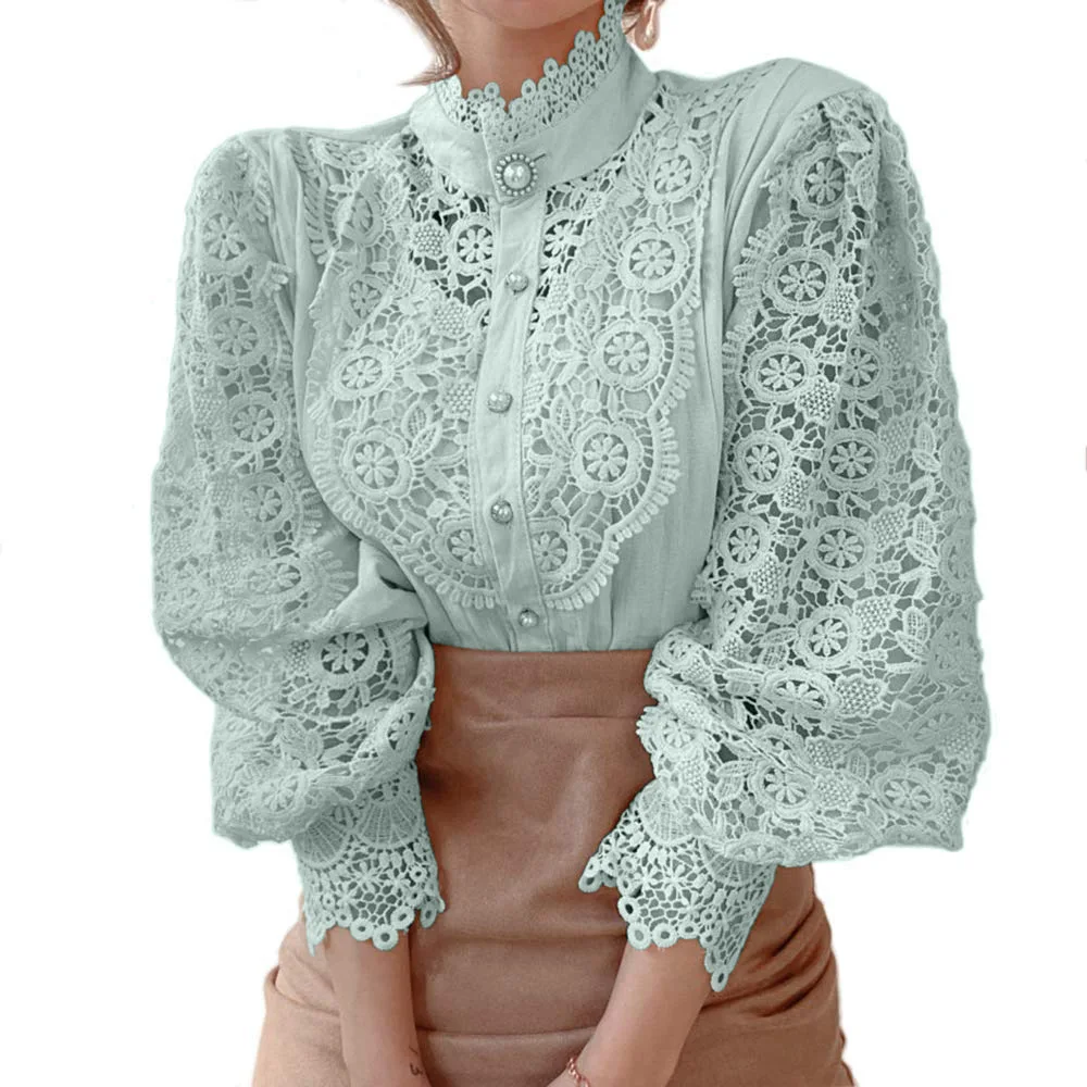 Women Stand Collar Lace Patchwork Shirts Casual Hollow Out Flower Petal Sleeve Buttonw Solid Tops white shirts for women Blue