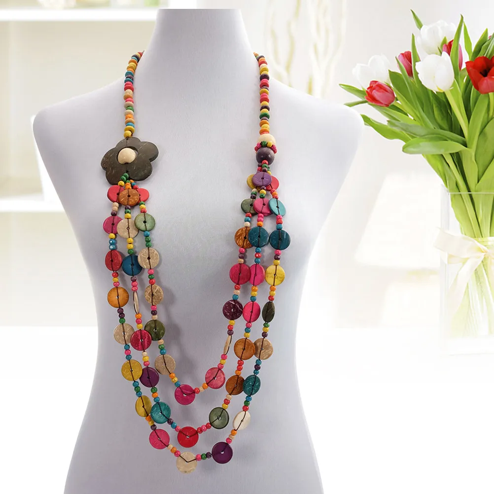 

2Pcs Colorful Vintage Bohemia Coconut Shell Wood Bead Necklaces Eye-Catching Accessories for Women Ethnic Style Jewelry Gift