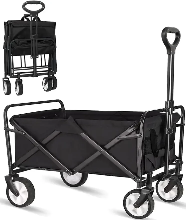 Collapsible Folding Outdoor Utility Wagon Beach Wagon Cart with All Terrain Wheels & Drink Holders Portable Sports Wagon