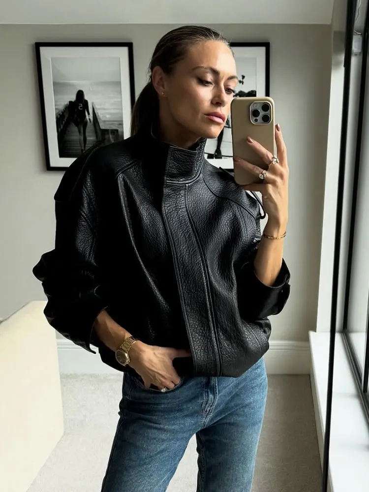 Kurtka damska ze skóry ekologicznej HH na jesień, modna kurtka w stylu high street, płaszcz z długim rękawem, zapinana na zamek, zimowa, codzienna odzież wierzchnia dla kobiet.