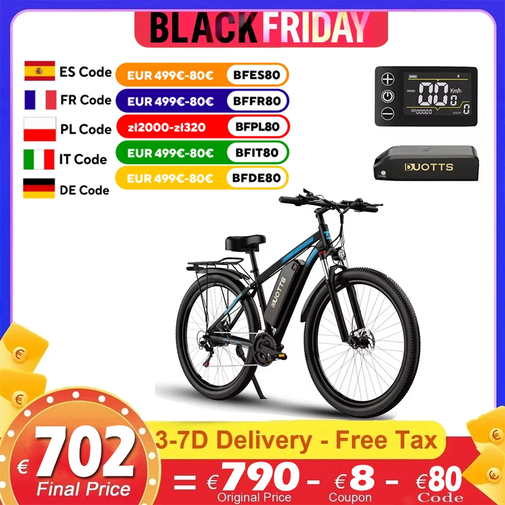 DUOTTS C29 Adult Electric Bike 50km/h 750W Mountain Bikes With Rear Rack 48V 15Ah Battery Electric Road Bikes Electric Bicycle