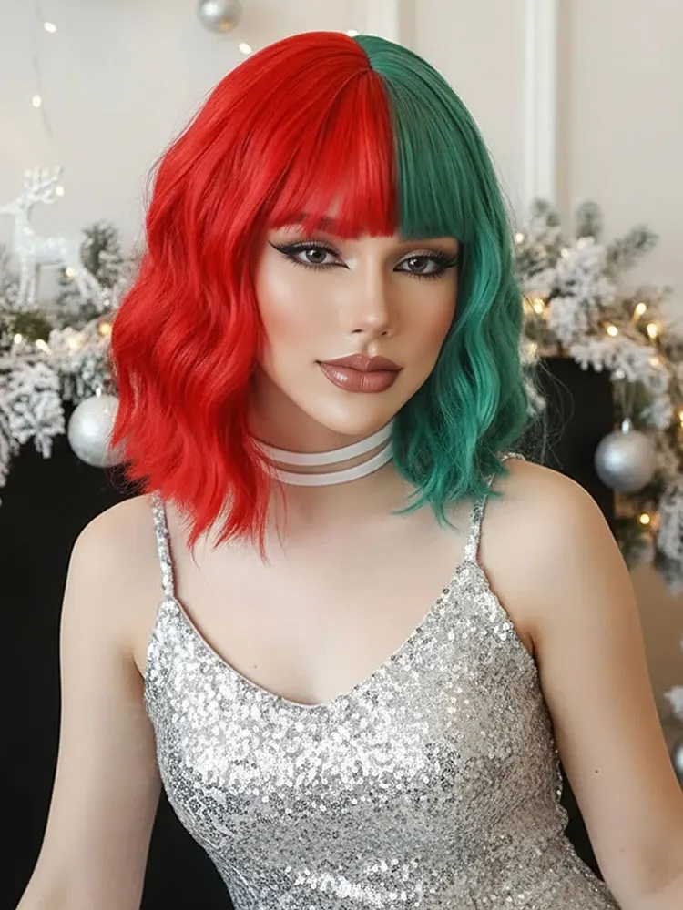 Short curly hair with bangs and wavy sea water color blocked headband Synthetic fiber wig