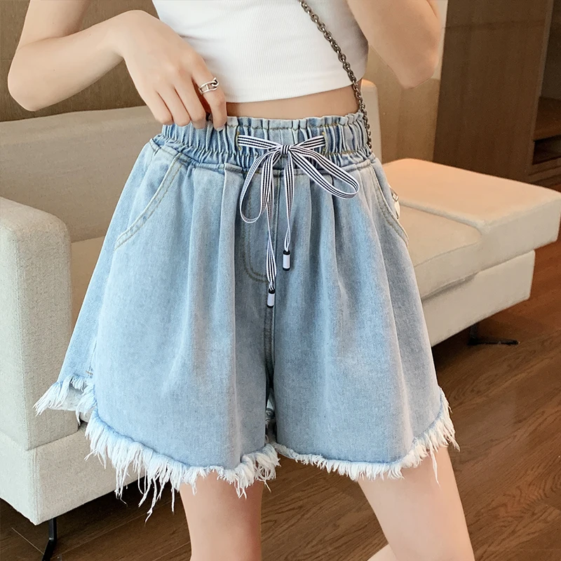 

Casual Loose Summer Womens Denim Shorts Y2K Big Size Wide Leg Short Pants Femme Drawstring Raw Edge Ripped Jeans Shorts Woman