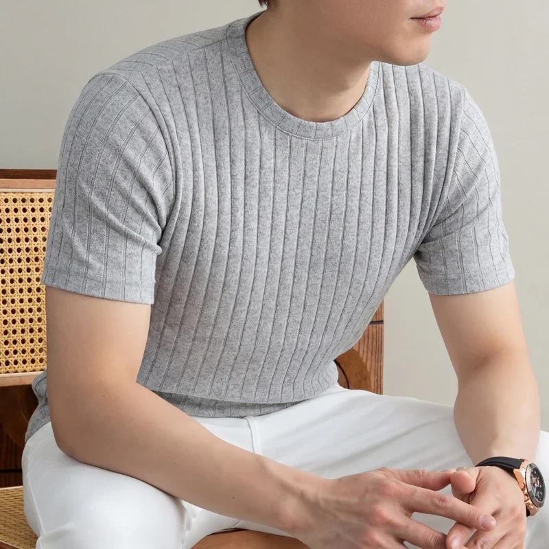 Men's Minimalist Crew Neck Ribbed T Shirt Comfortable Elastic Fabric Short Sleeve For Office And Casual Wear