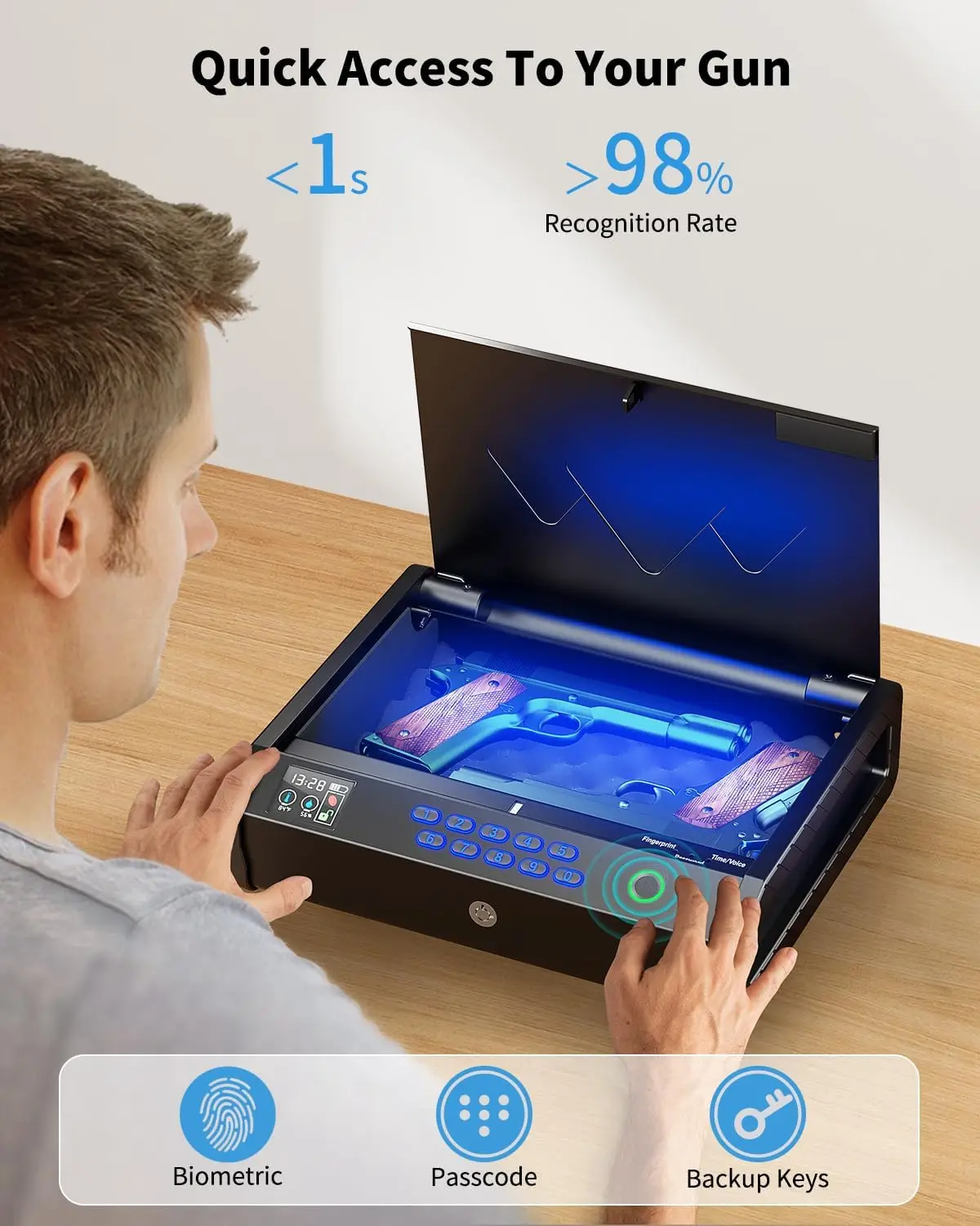 Gun Safes, Biometric Pistol Safe with LCD Display of Temperature Humidity USB Port, Gun Safes 3 Ways Quick Access Fingerprint Ha