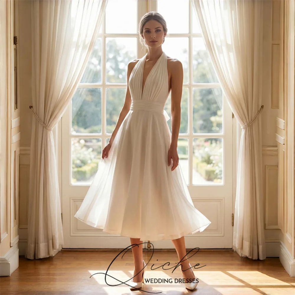 QICHE Simple Deep V-Neck Halter A-Line Wedding Dress 2026 Sleeveless Open Back Chiffon Bridal Gowns Customized Vestidos De Novia