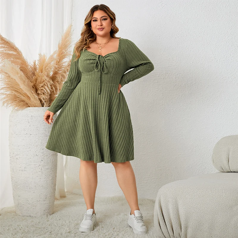 

Fashion Plus Size Clothing Dresses 2023 Casual Long Sleeve Green Elegant Party Vacation Large Size Short Female Sweater Dress