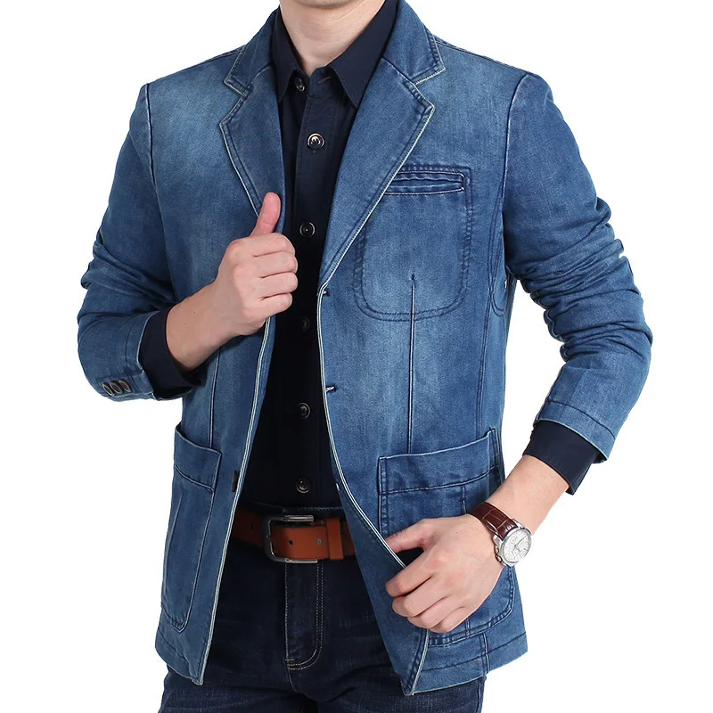 

Men's New Blue Denim Suit Jacket with Loose Long Sleeved Design V-neck Casual Coats Black Gray Blazers S-XXXXL